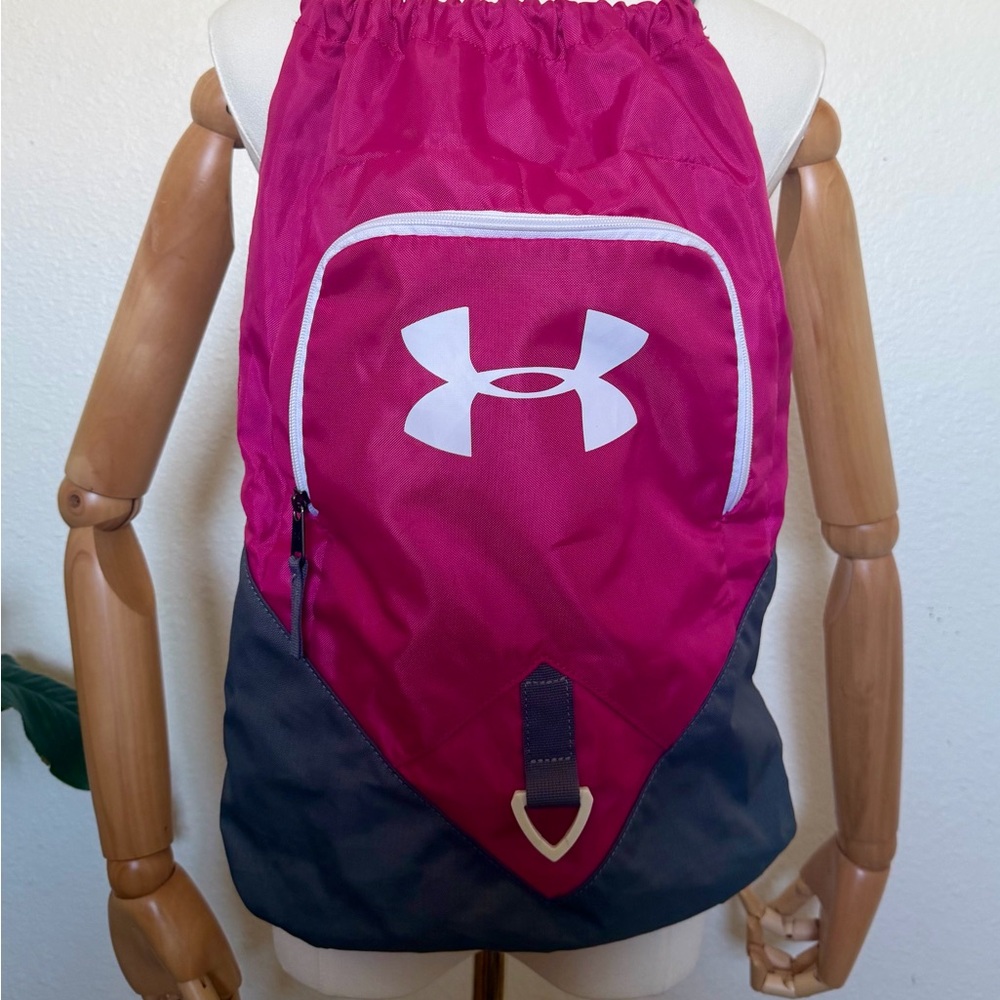 Under Armour Pink and Gray Sport Drawstring Backpack with Front Zip